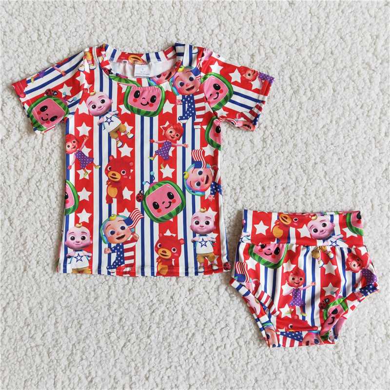D4-5 Blue red flag short sleeve shirt bummies baby girls 4th of july clothes