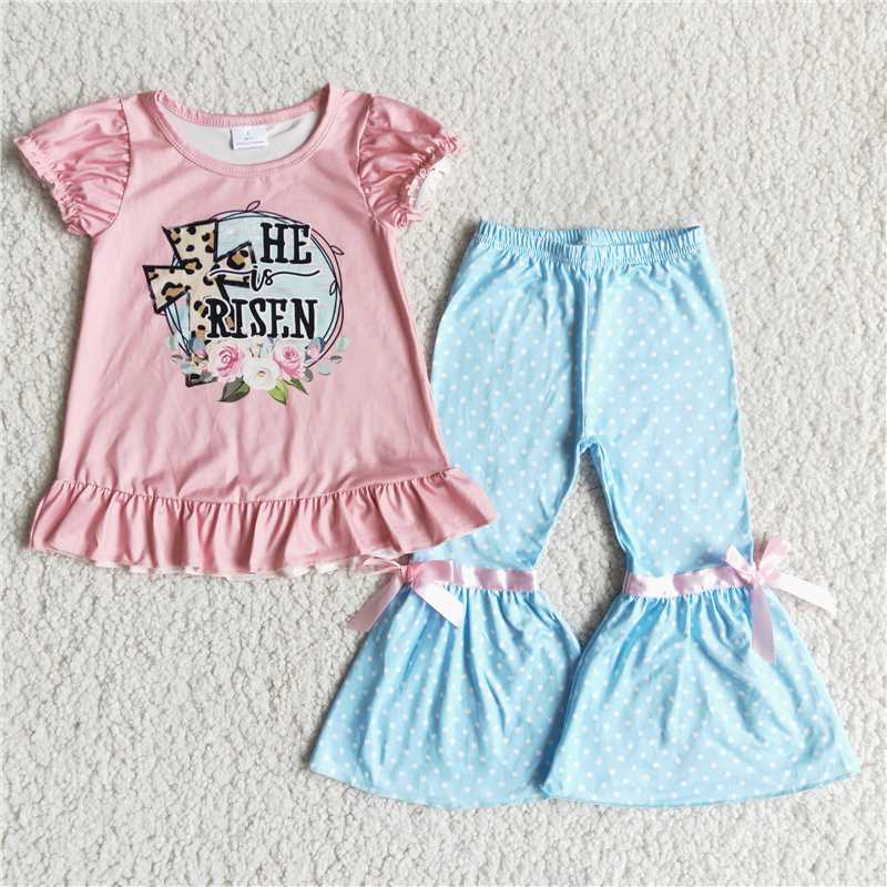 B5-25 Baby girls pink Easter holiday he is risen bell pants clothing sets
