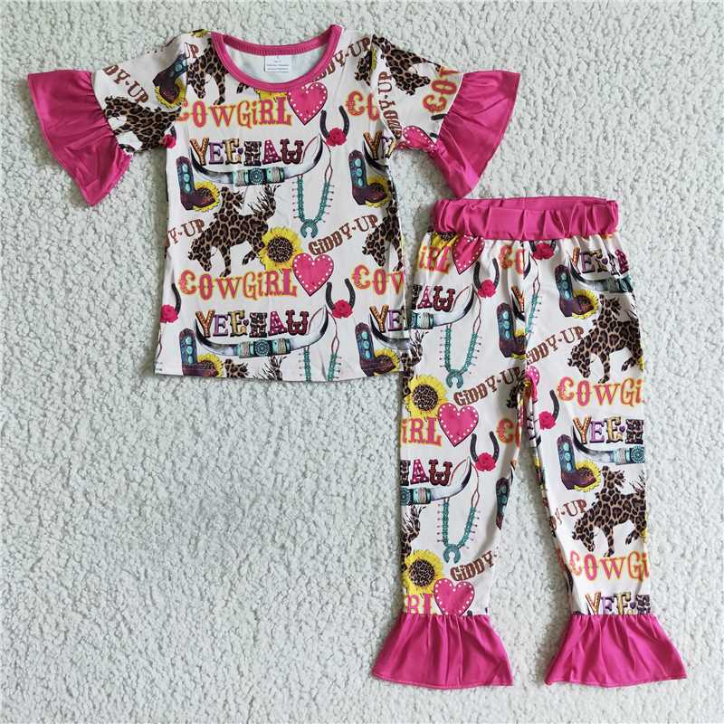 B5-28 Baby girls cowgirls western short sleeve shirt pants pajamas sets