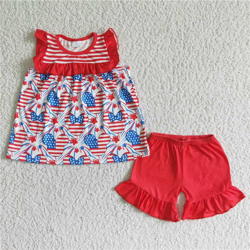 GSSO0055 4th of July Girls National Day Cartoon Short Sleeve Red Lace Shorts Suit