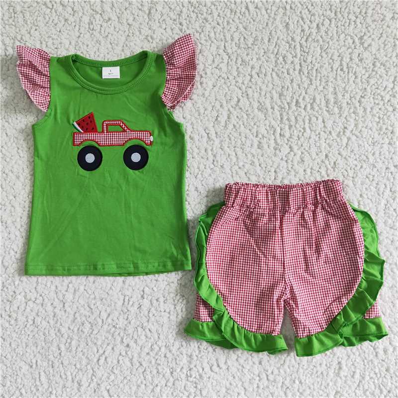 GSSO0122Watermelon truck embroidery girls summer outfits