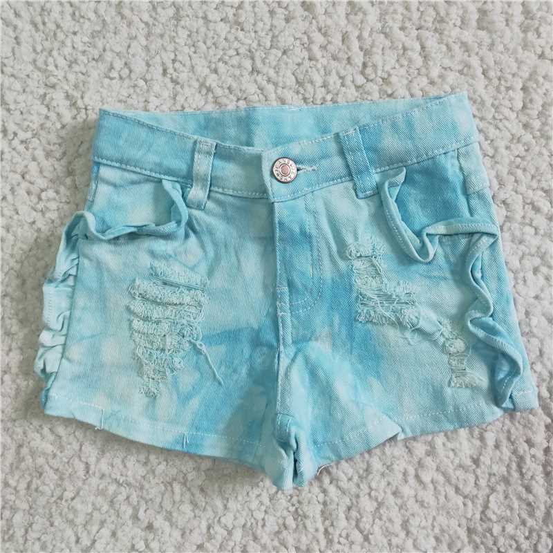 SS0008 Baby Girls turquoise color summer ruffle denim shorts