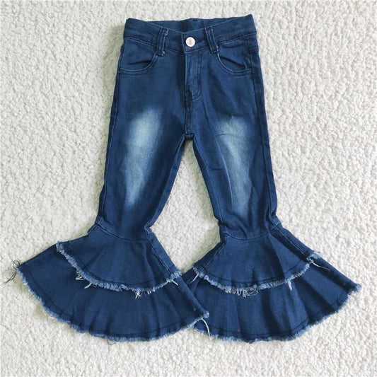 USA Shop (in stock)P0003  Baby girls navy blue bleached double ruffle denim pants jeans