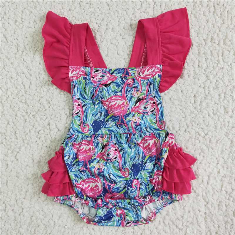 SR0038 Baby girls flamingo floral ruffle romper bubbles
