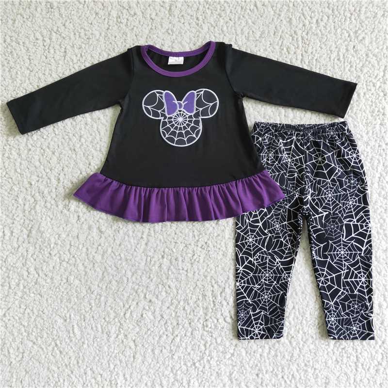 GLP0027Spiderweb embroidery black purple tunic leggings girls Halloween clothing