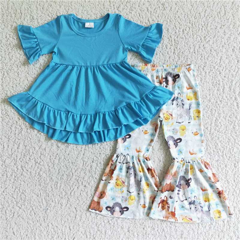 GSPO0112 Girls Farm Horse Cow Blue Short Sleeve Pants Set
