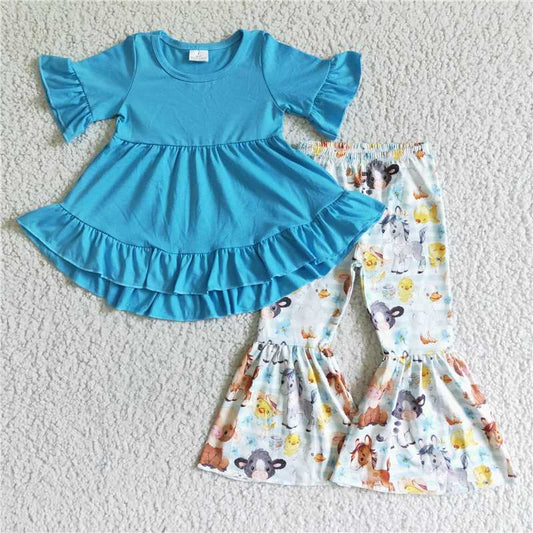 GSPO0112 Girls Farm Horse Cow Blue Short Sleeve Pants Set