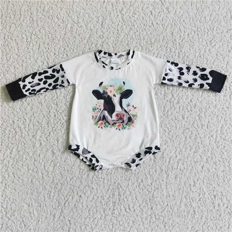 LR0026Long sleeves cow print baby girls romper