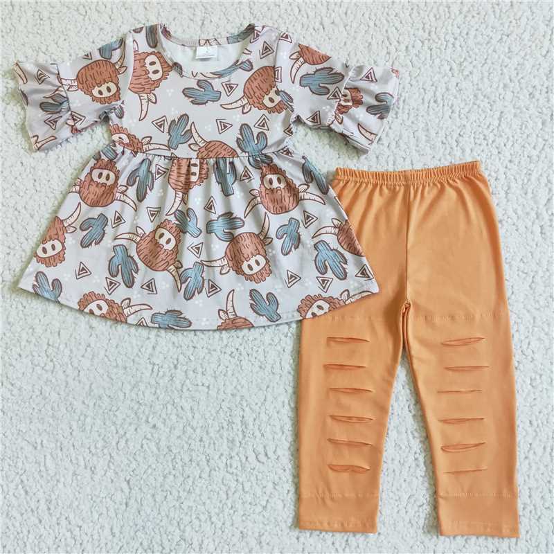 GSPO0095Highland cow cactus tunic holes leggings girls clothes