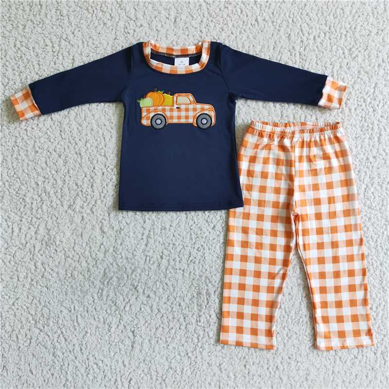 BLP0002Pumpkin truck embroidery shirt plaid pants boy fall clothes