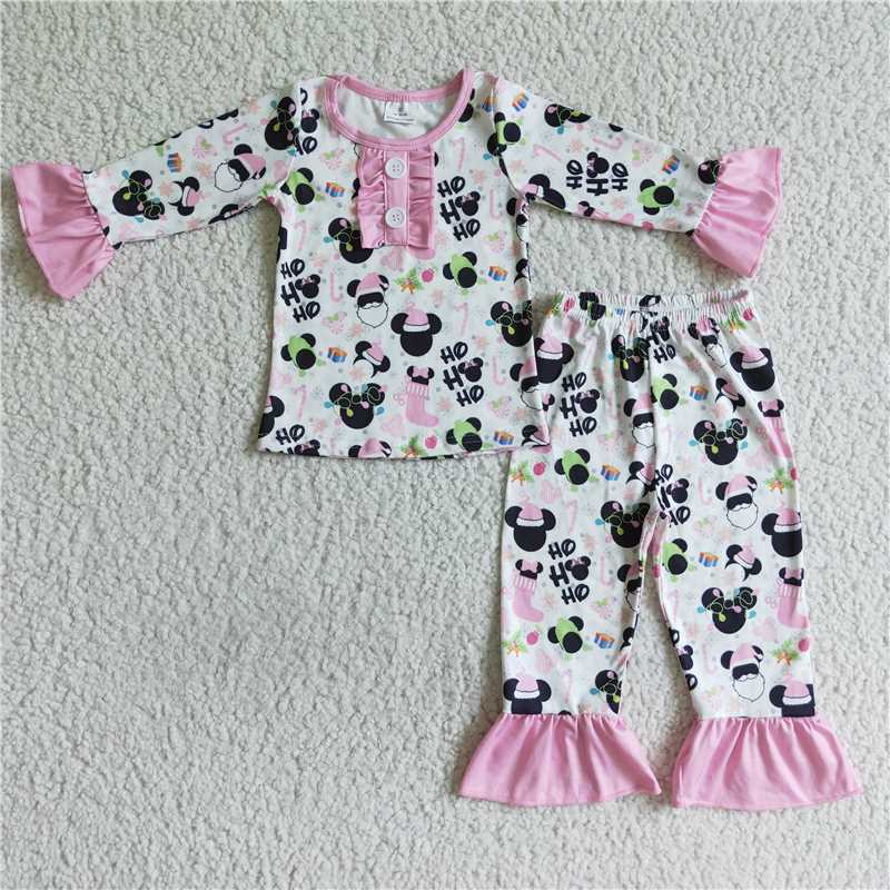 GLP0105 Girls Christmas pink Mickey head long sleeve and long pants suit