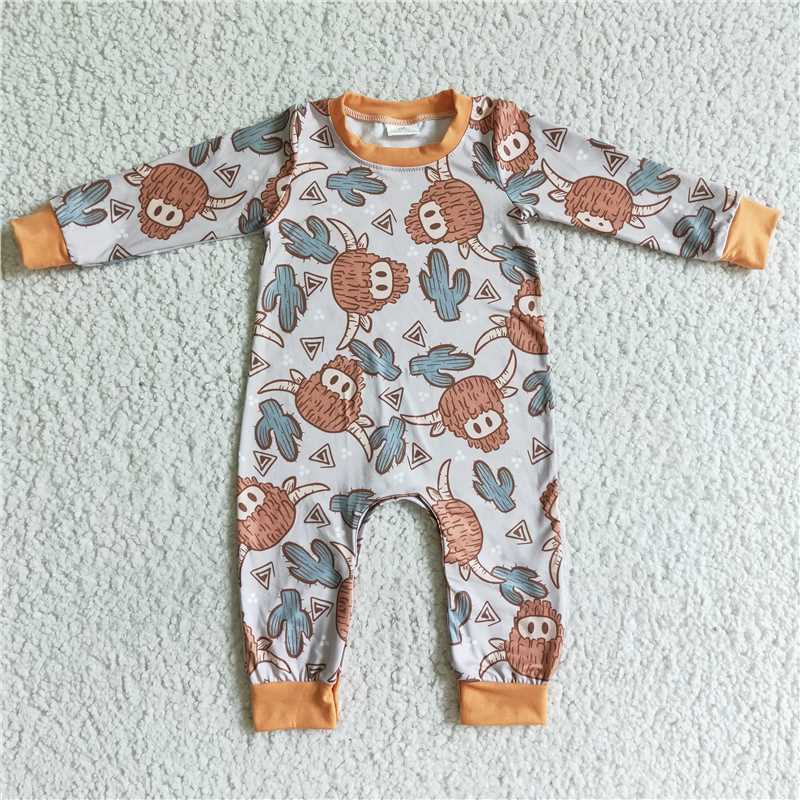 LR0059Highland cow cactus long sleeve brown baby boy romper