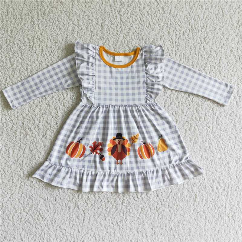 GLD0056 Girls Thanksgiving Turkey Pumpkin Plaid Long Sleeve Dress