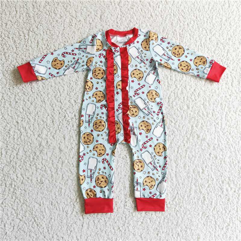 LR0185Biscuit milk long sleeves ruffle baby Christmas romper