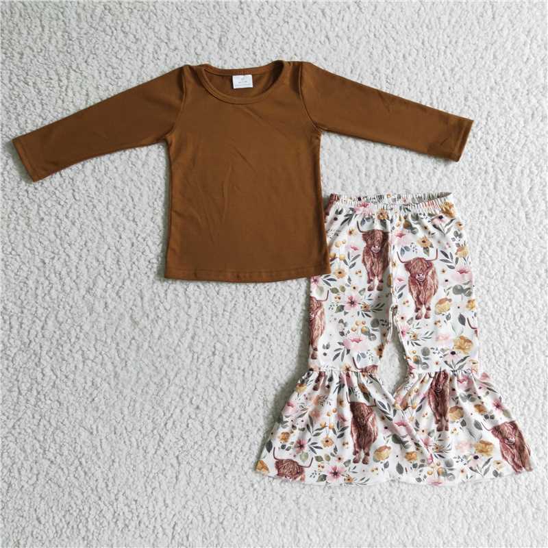 GLP0277Brown cotton top highland cow pants girls fall clothing set