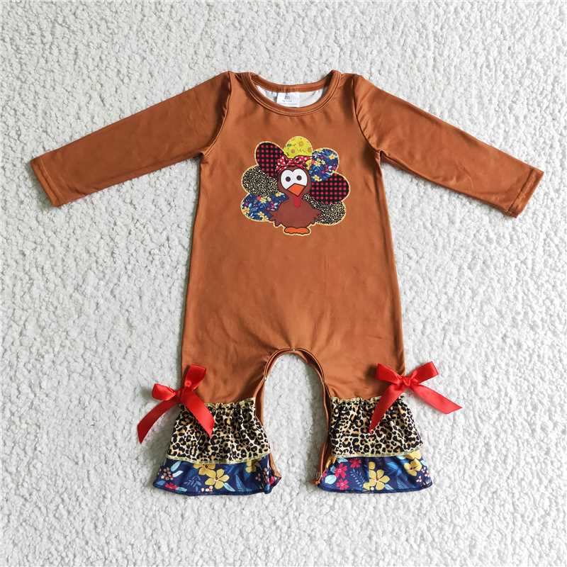 LR0171 Girls Thanksgiving Turkey Brown Long Sleeve Romper