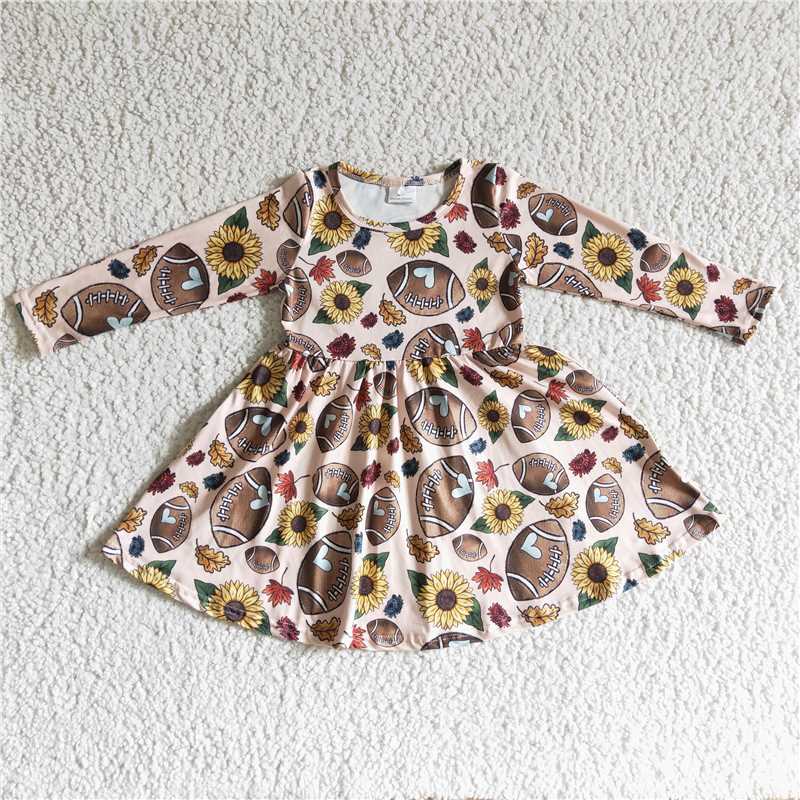 GLD0137 Baby Girls Fall Baseball Print Western Knee Length Dresses