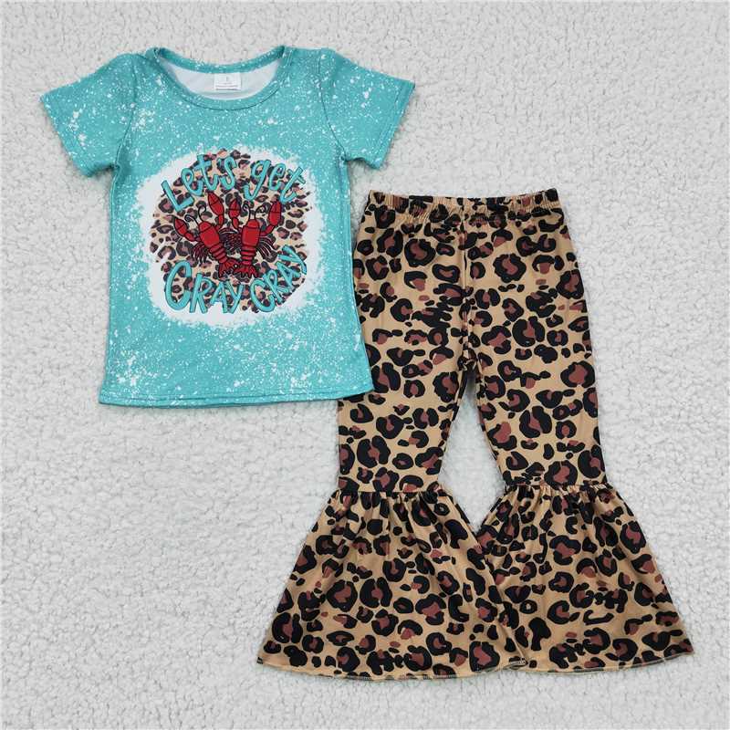 GSPO0333 Girls' crayfish blue leopard print short-sleeved trousers suit