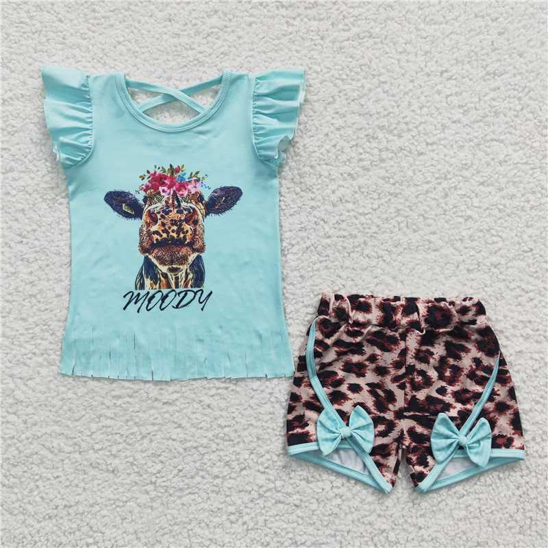 GSSO0197Moody tassels shirt leopard shorts girls summer clothes