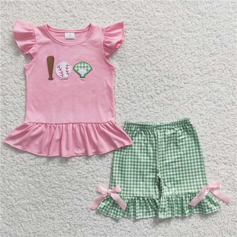 GSSO0205Baseball embroidery plaid kids girls team clothing set