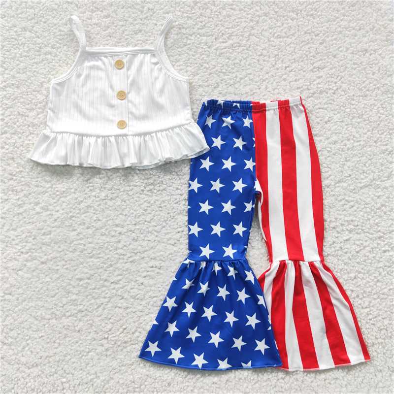 GSPO0480 Girls white vest and star striped trousers set