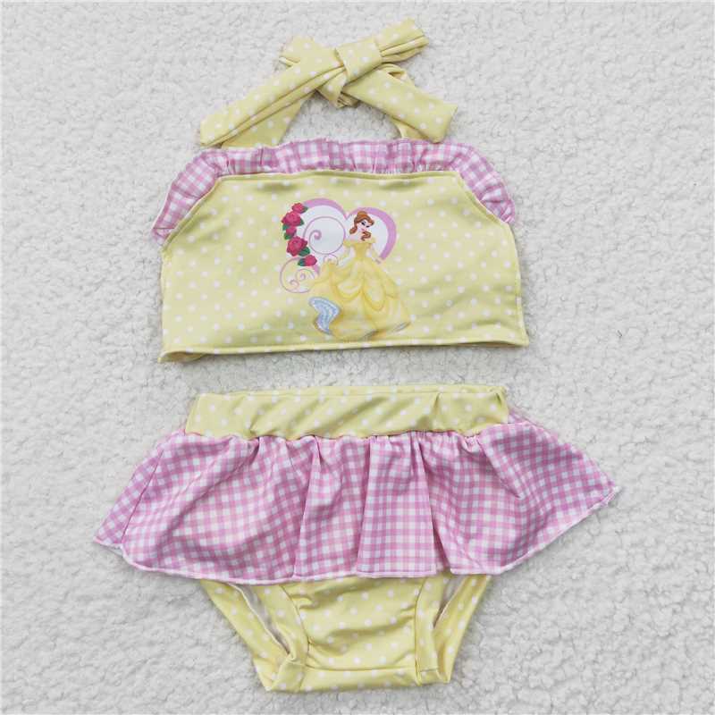 S0055 Baby Girls Princess Yellow Tie Back Tow Pieces Swimsuits