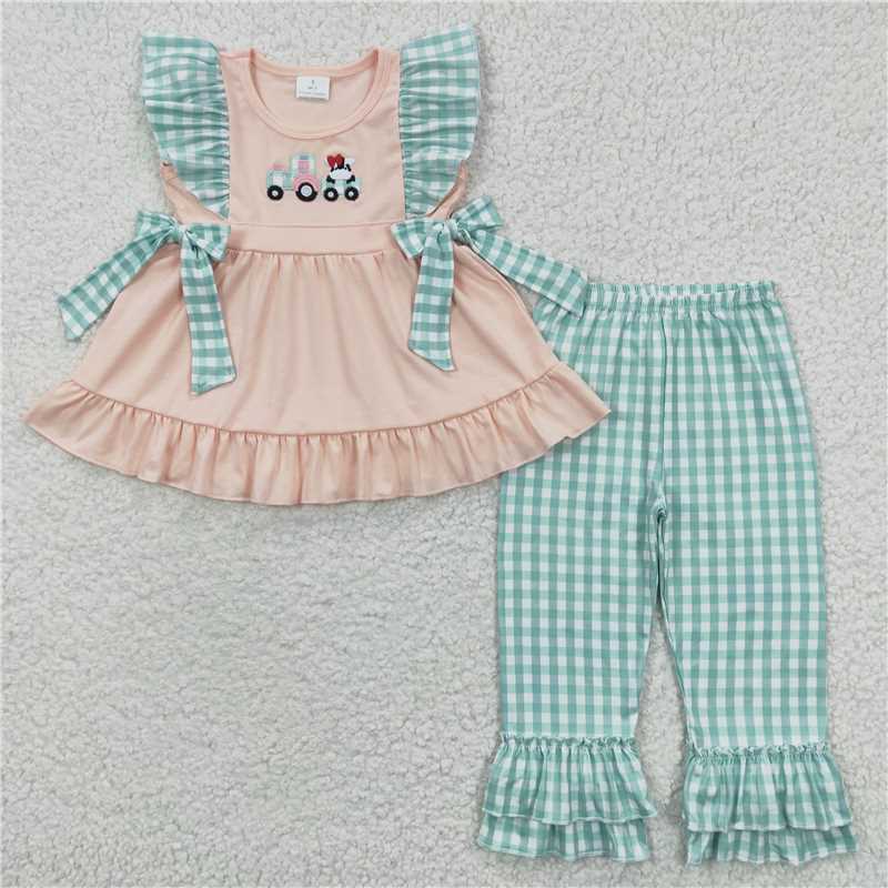 GSPO0447 Girls Embroidered Car Cow Pink Flying Sleeve Green Plaid Trousers Set