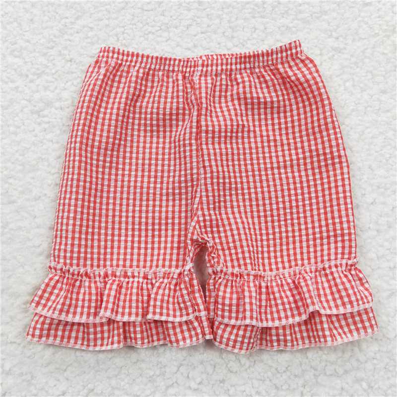 SS0064 Baby Girls Red Ruffle Plaid Seersucker Fabric Shorts