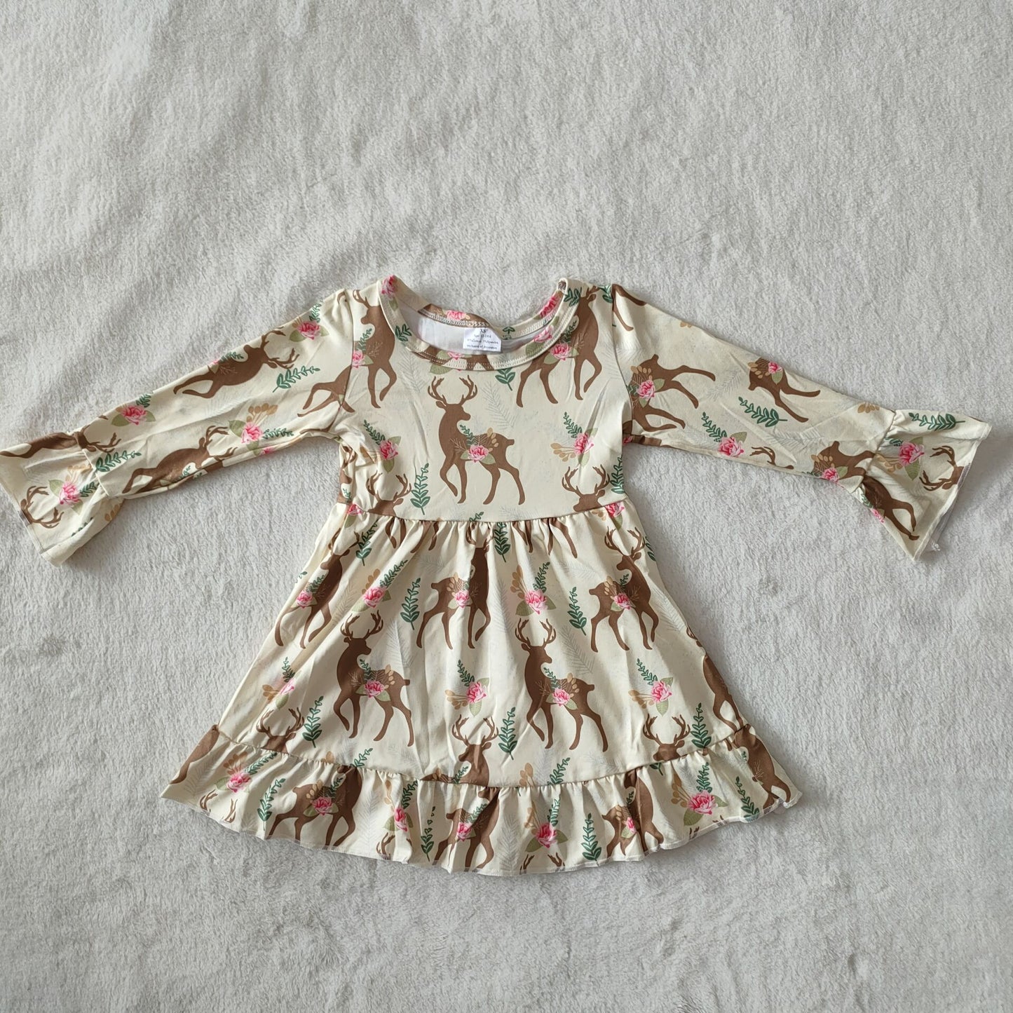 9.30 RTS NO MOQ(In stock)G2-14- Baby Girls Winter Dress Sika deer leaf trumpet sleeve long-sleeved dress