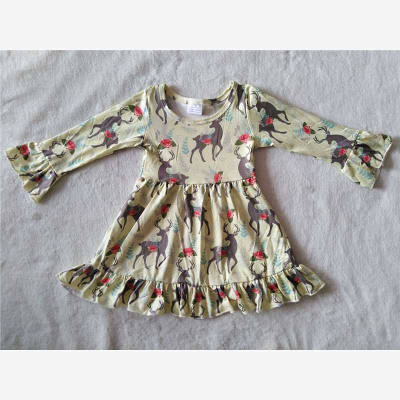 9.26 RTS NO MOQ(In stock)G2-24/ Baby Girls Winter Dress Beige long-sleeved dress with elk flowers