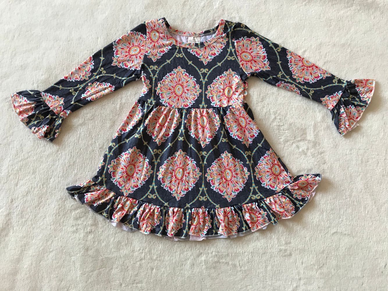 9.23 RTS NO MOQ(In stock)G2-24-*/9 Baby Girls Winter Dress Red and blue flower garden long-sleeved dress