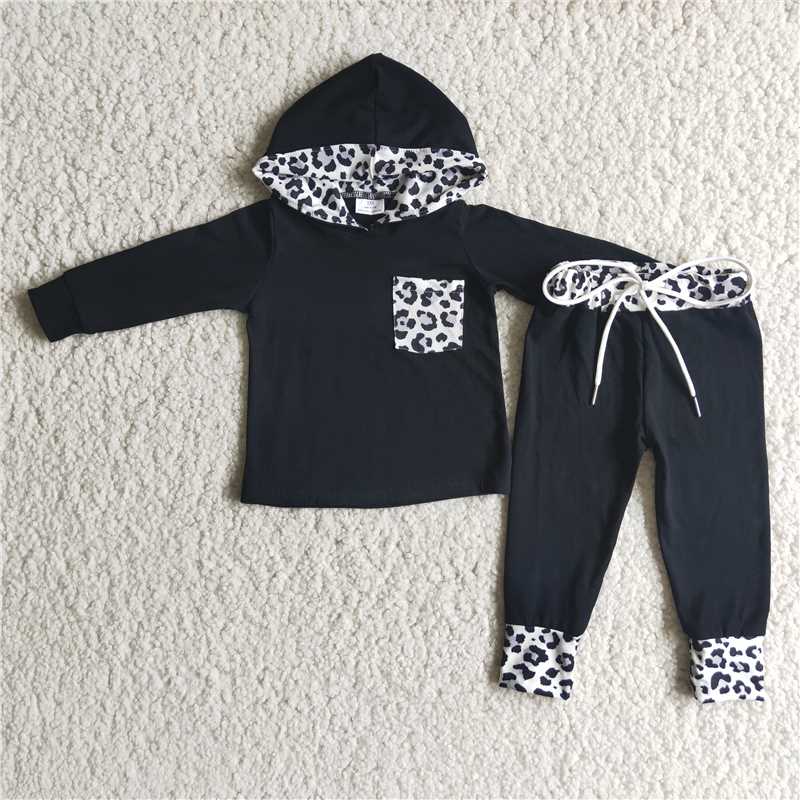 6 B8-22 White dot leopard print pockets black hoodie long sleeve suit