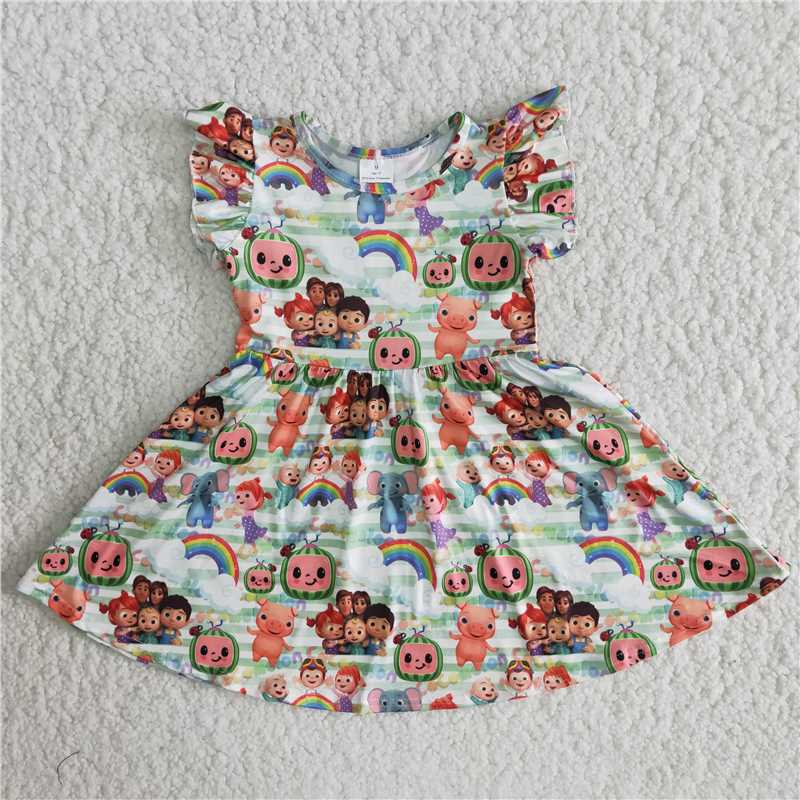 A17-15Rainbow Striped Fly Sleeve Dress