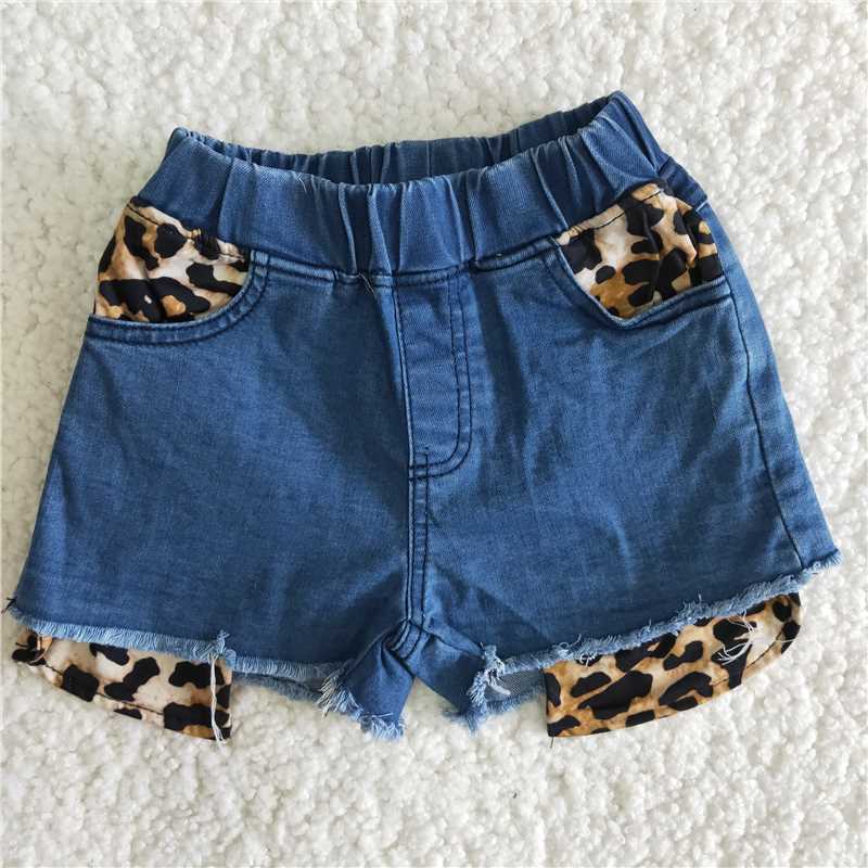 B6-14 Baby Girls navy leopard pockets denim shorts