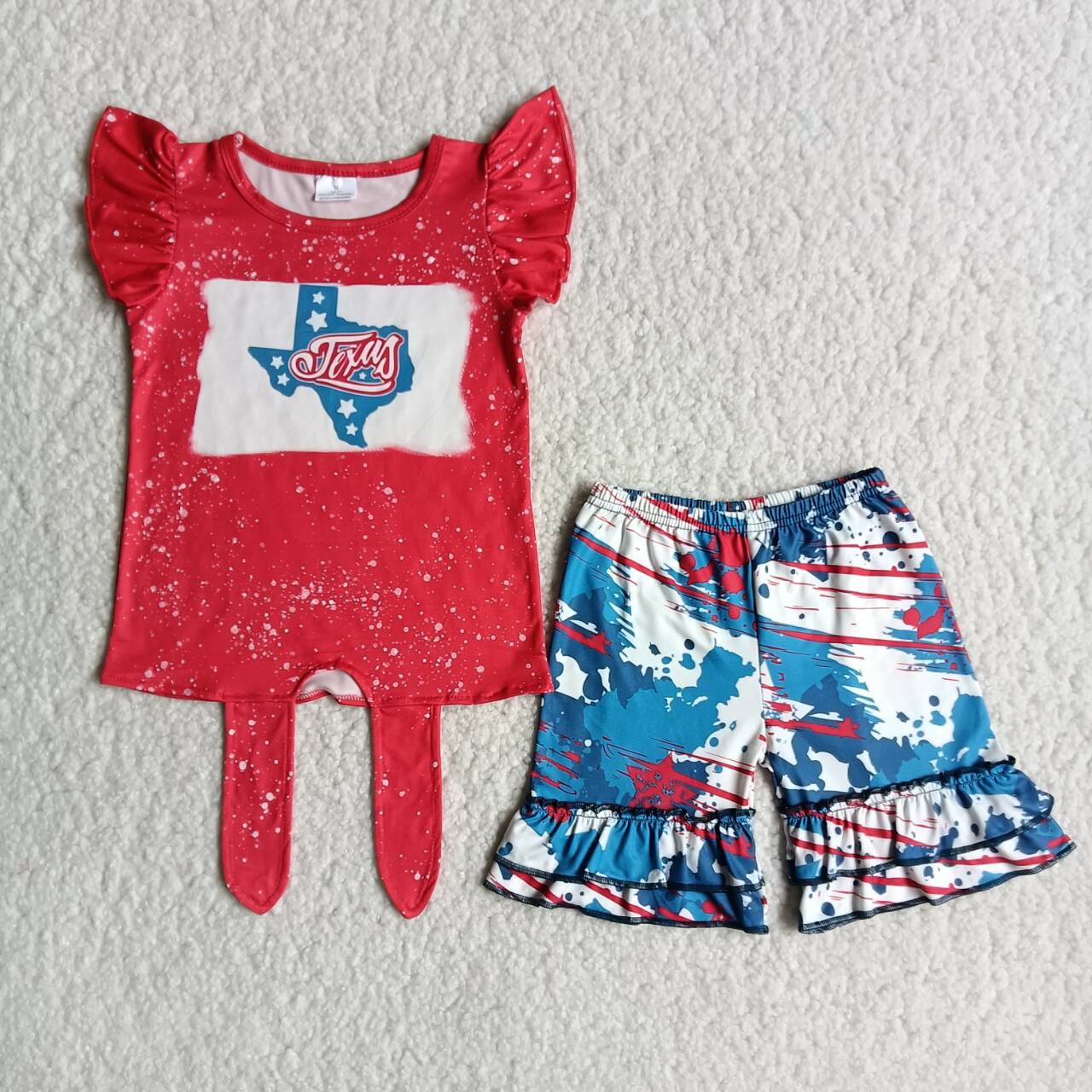 4th of July girls texas tie shirt top ruffle shorts sets