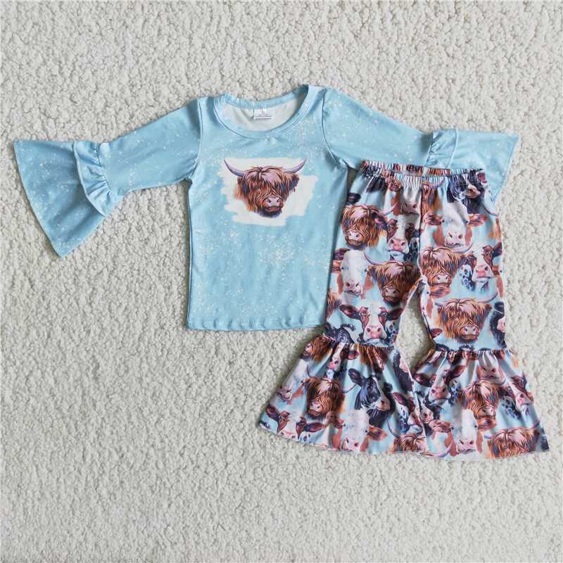 6 A13-13Cow bleached shirt bell bottom pants outfits