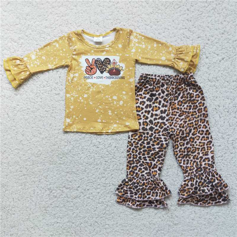 6 A1-1Peace love thanksgiving shirt leopard ruffle pants girls set