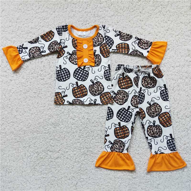 6 C10-38Leopard pumpkin girls long sleeve pajamas