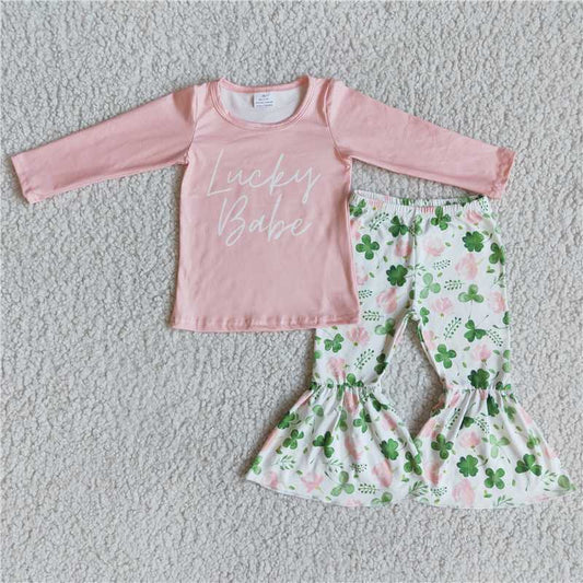 6 B2-25Lucky babe shirt clover bell bottom pants girls st patrick's day clothes