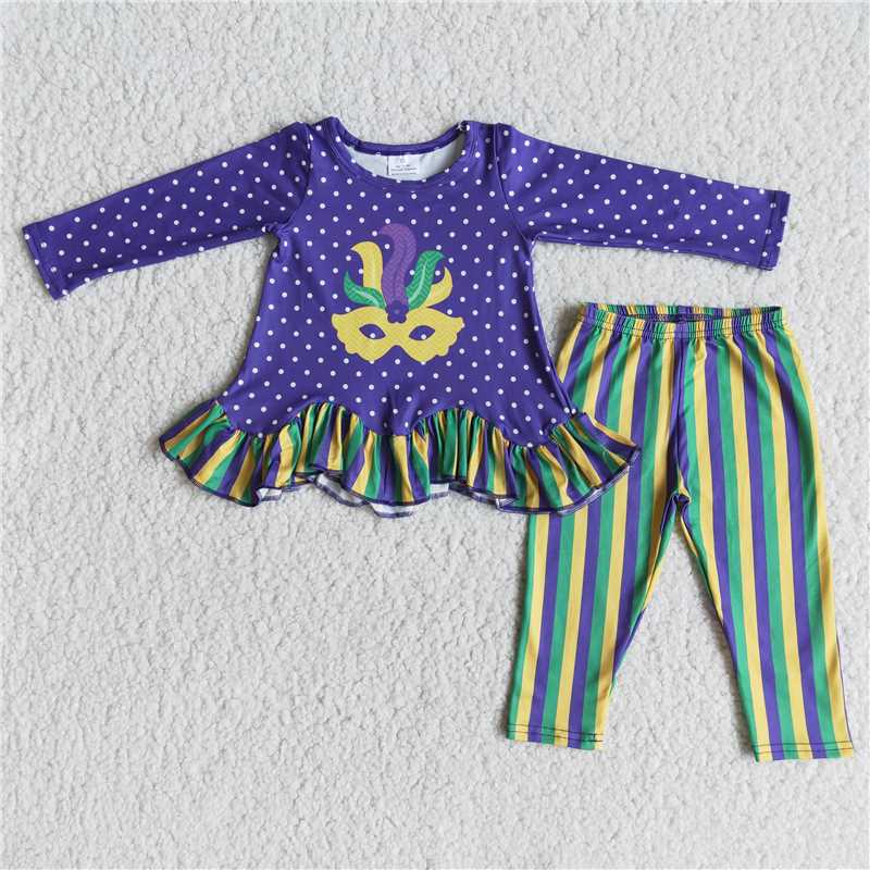 6 A27-20Purple polka dots shirt stripe leggings baby girls mardi gras outfits