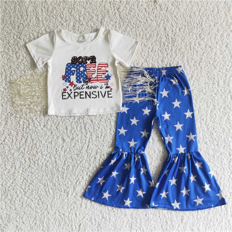 NC0002. National Day white tassel short-sleeved blue star flared pants suit