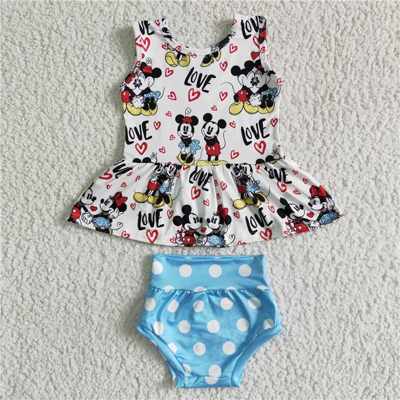 GBO0011Love mouse sleeveless peplum polka dots bummies baby summer set