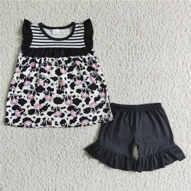 GSD0045Cow print shirt black milk silk shorts girls outfits