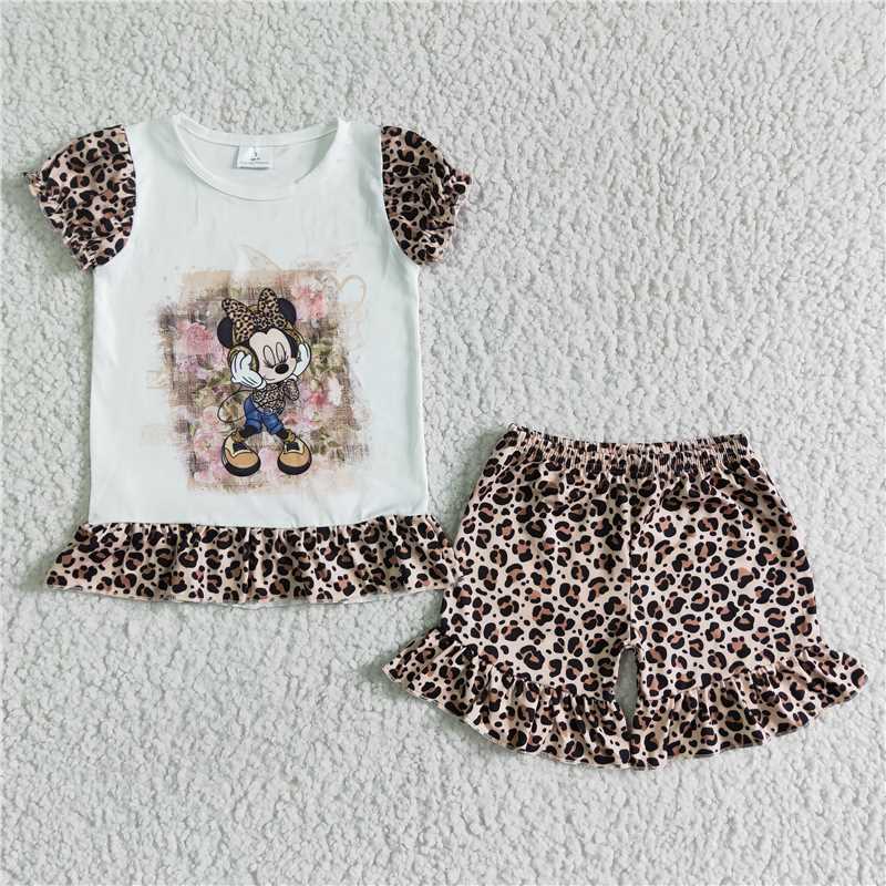 GSSO0079Leopard sleeve shorts cute mouse baby girls outfits