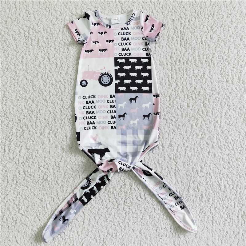 NB0003 Cow tractor patchwork short sleeve baby gown
