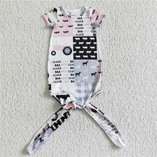 NB0003  Cow tractor patchwork short sleeve baby gown