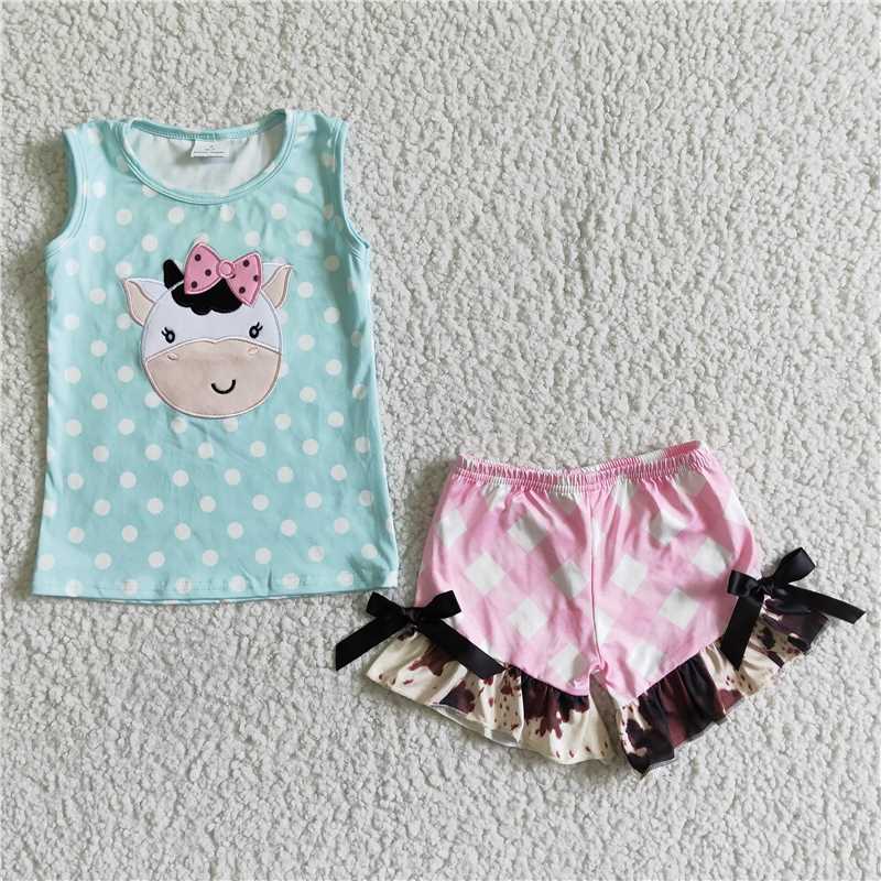 GSSO0088Cow embroidery baby girls summer clothing set