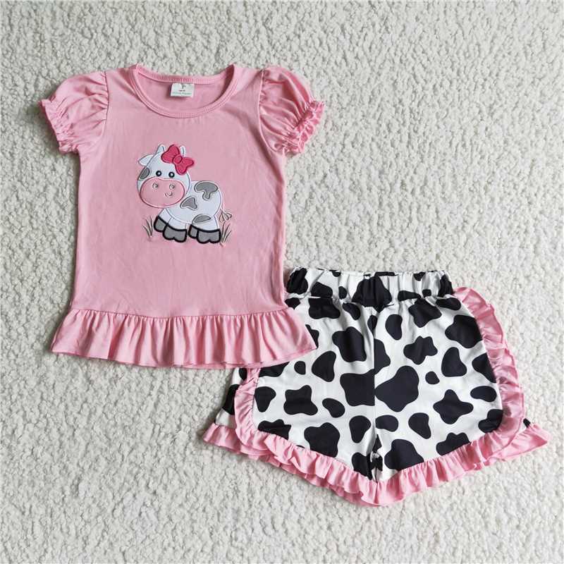 GSSO0105Pink cow embroidery girls farm clothes