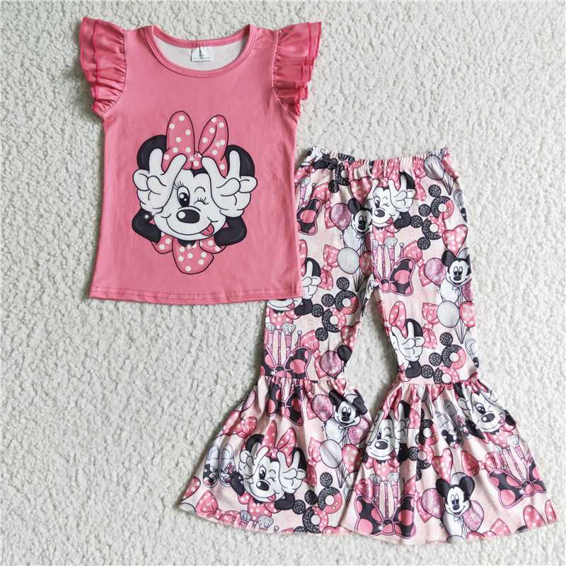 GSPO0092Pink cute shirt mouse bell bottom pants set girls boutique clothes
