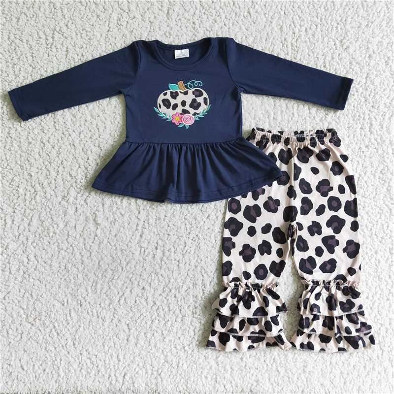 GLP0037Navy shirt leopard pumpkin ruffle pants girls fall clothes